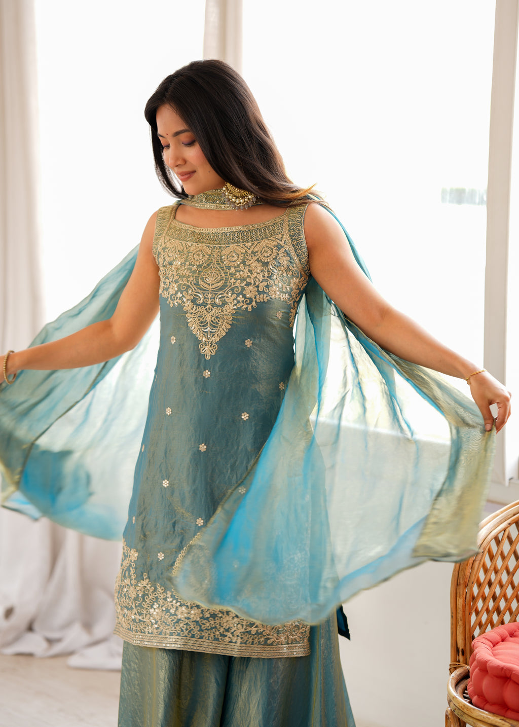 Soft Fendy Silk Embroidered Sharara Suit with Belt-Style Dupatta & Sequin Jari Work