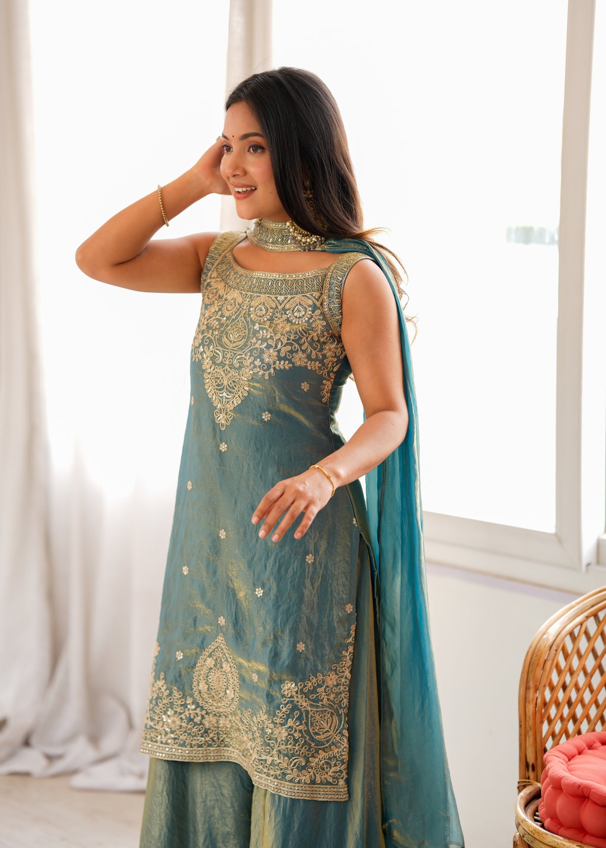 Soft Fendy Silk Embroidered Sharara Suit with Belt-Style Dupatta & Sequin Jari Work