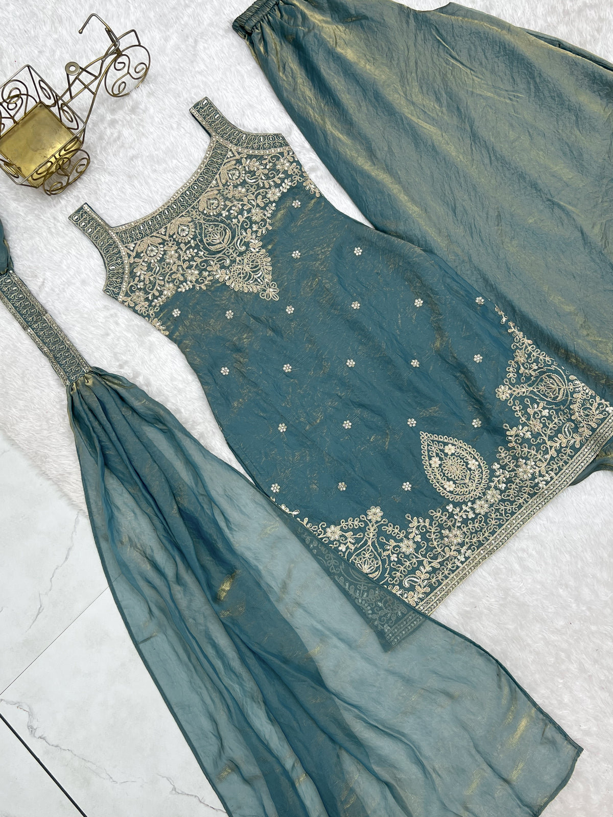 Soft Fendy Silk Embroidered Sharara Suit with Belt-Style Dupatta & Sequin Jari Work