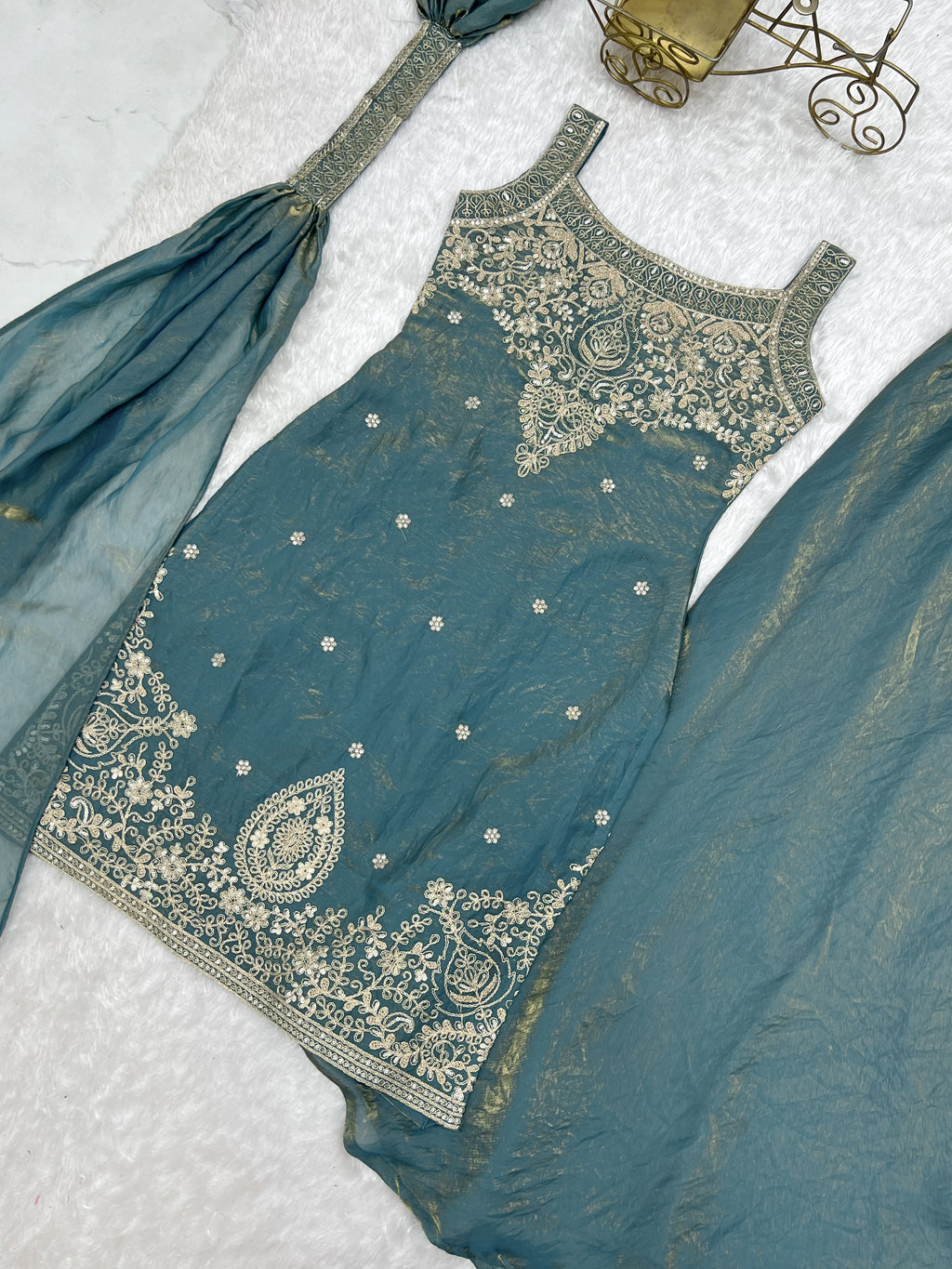 Soft Fendy Silk Embroidered Sharara Suit with Belt-Style Dupatta & Sequin Jari Work
