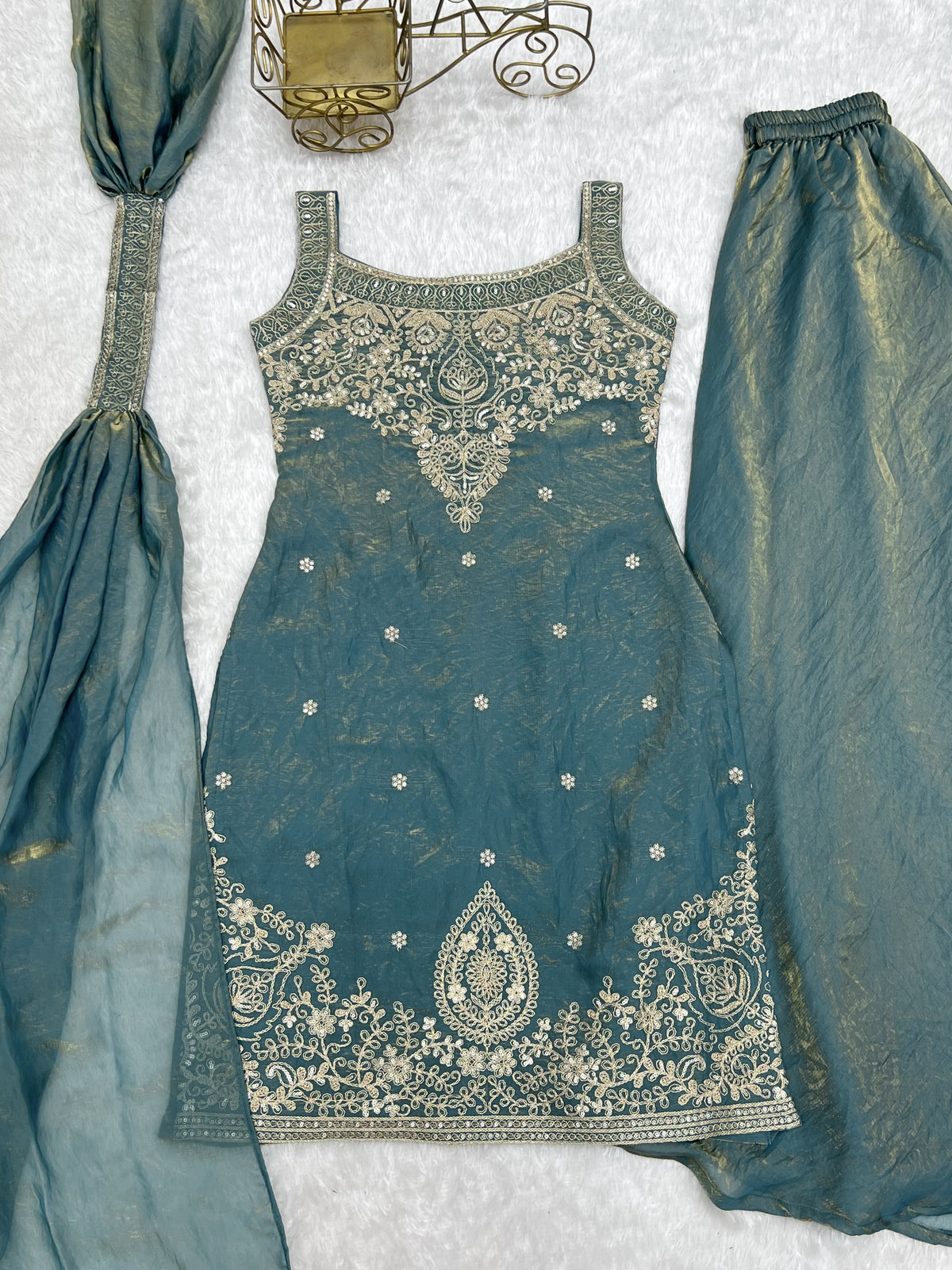 Soft Fendy Silk Embroidered Sharara Suit with Belt-Style Dupatta & Sequin Jari Work