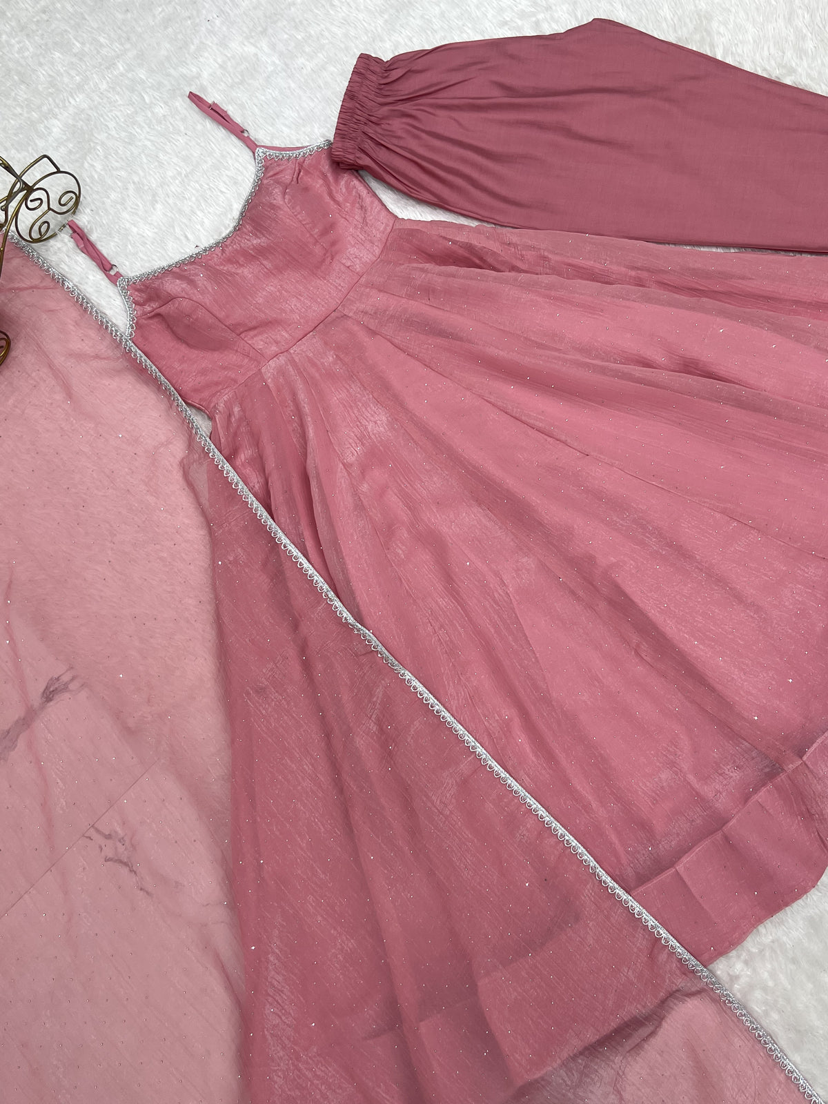 Sky Blue & Dusty Pink Crunchy Silk Siroki Work Flared Anarkali Gown Set with Lace Dupatta & Pant