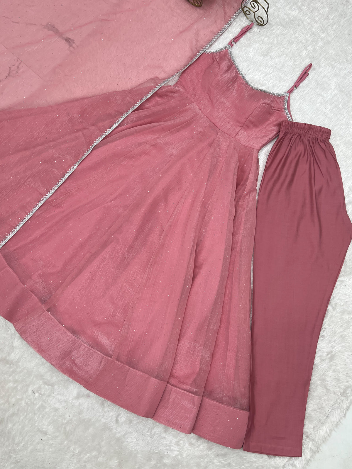 Sky Blue & Dusty Pink Crunchy Silk Siroki Work Flared Anarkali Gown Set with Lace Dupatta & Pant