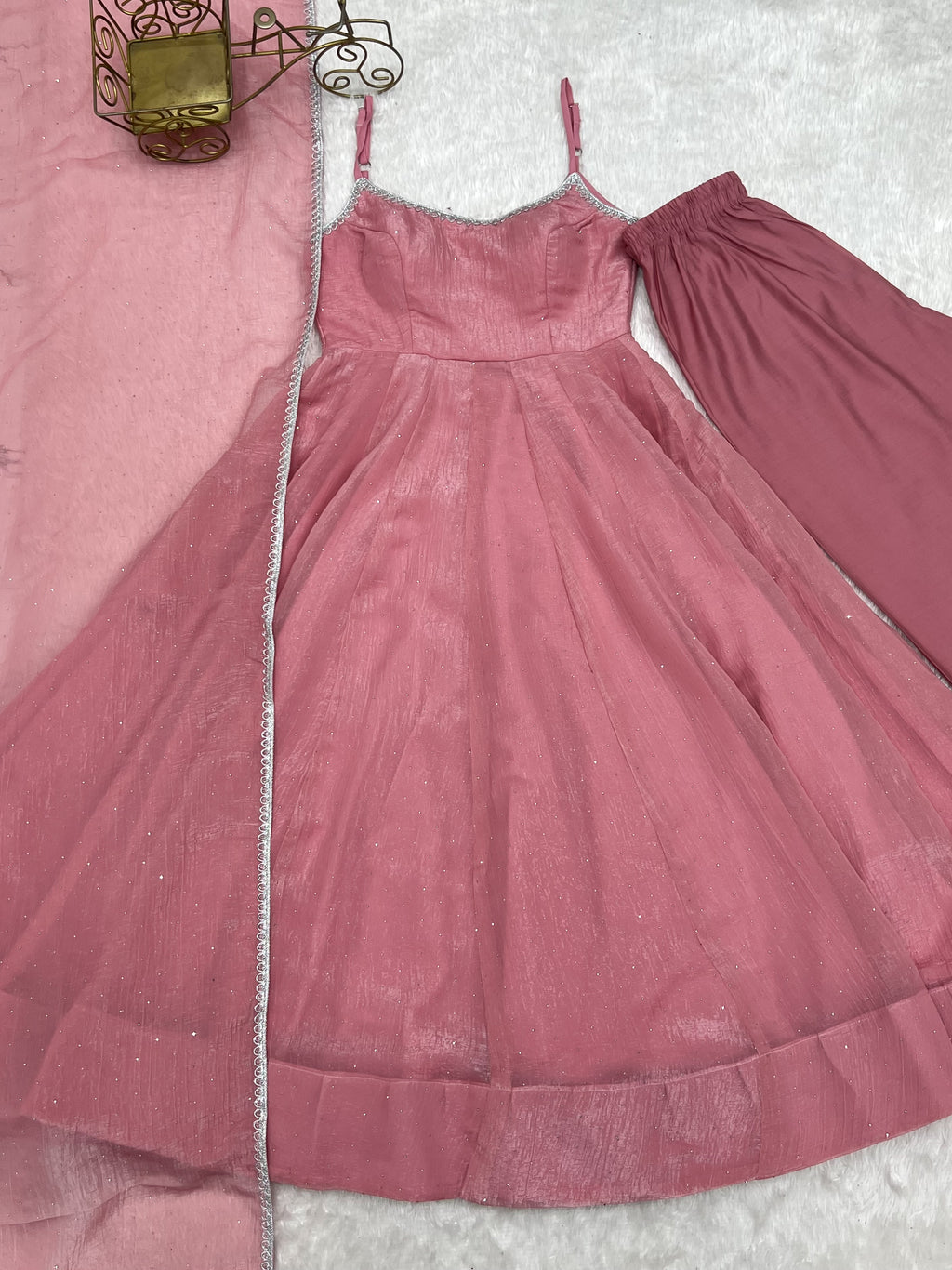 Sky Blue & Dusty Pink Crunchy Silk Siroki Work Flared Anarkali Gown Set with Lace Dupatta & Pant