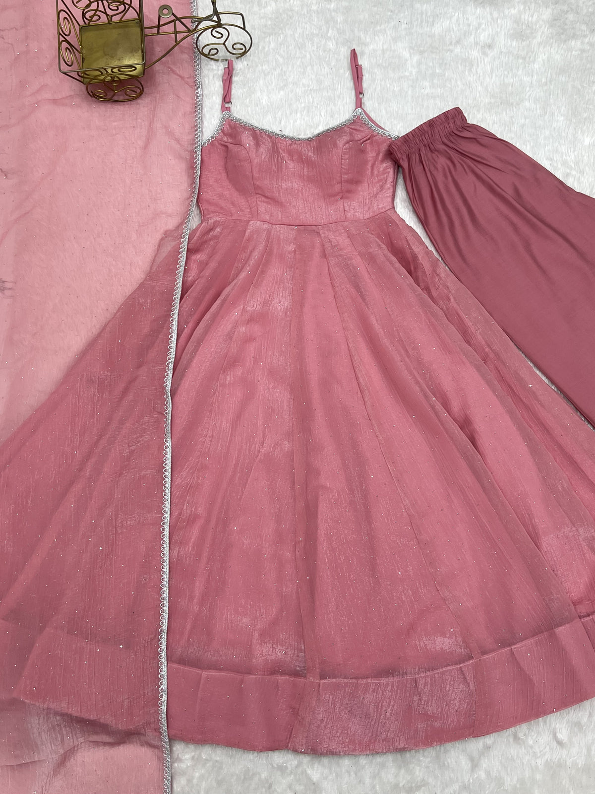 Sky Blue & Dusty Pink Crunchy Silk Siroki Work Flared Anarkali Gown Set with Lace Dupatta & Pant