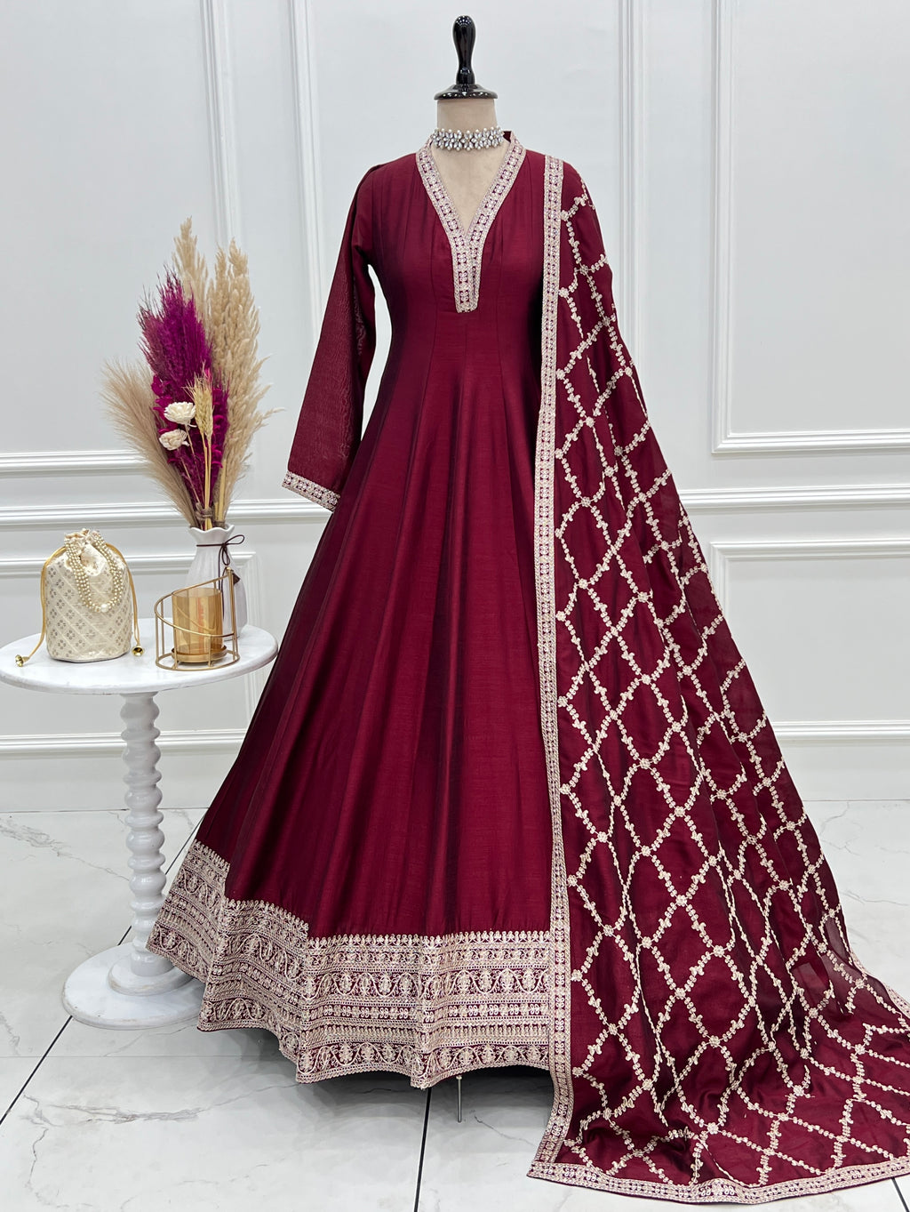 Premium Rust Crunchy Silk Anarkali Gown with Jari, Sequin & Beadwork Dupatta