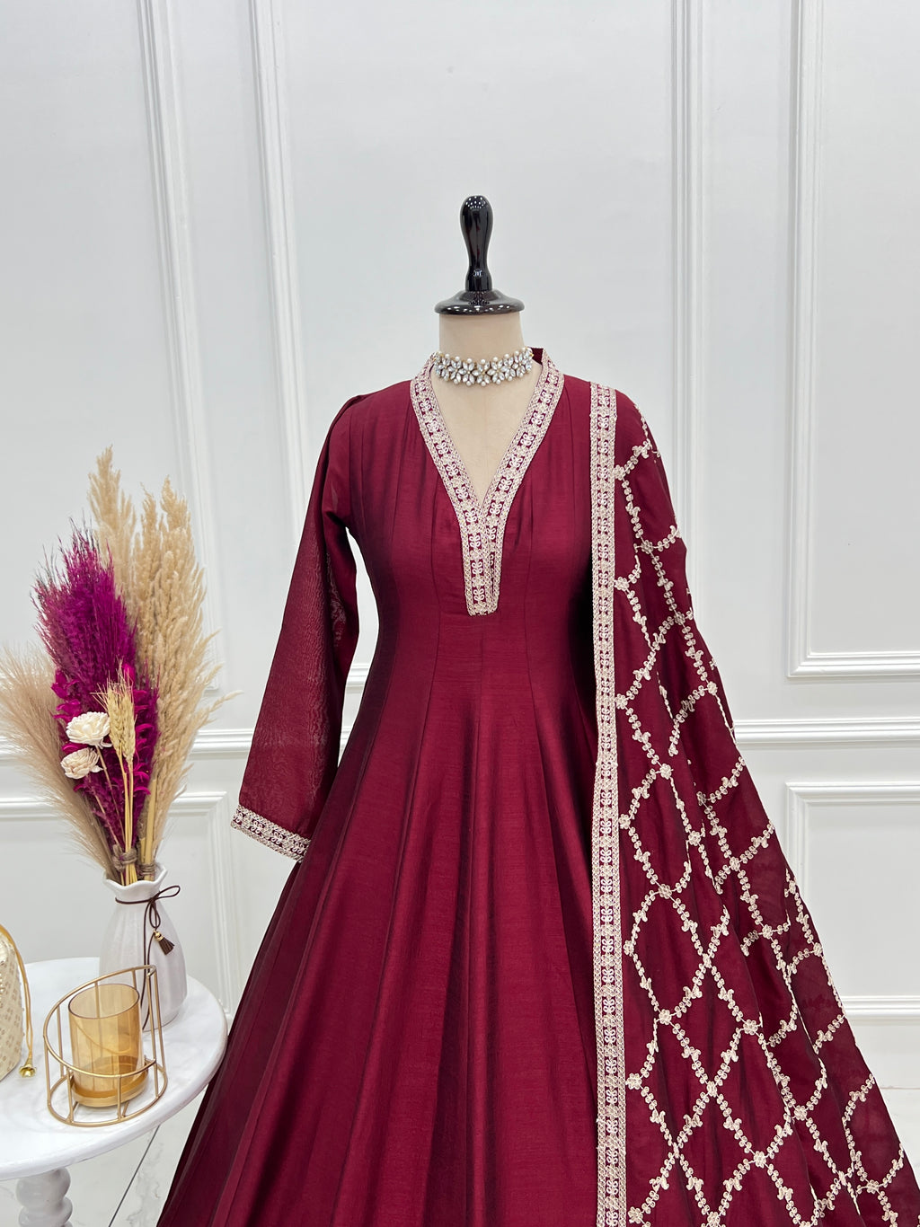 Premium Rust Crunchy Silk Anarkali Gown with Jari, Sequin & Beadwork Dupatta