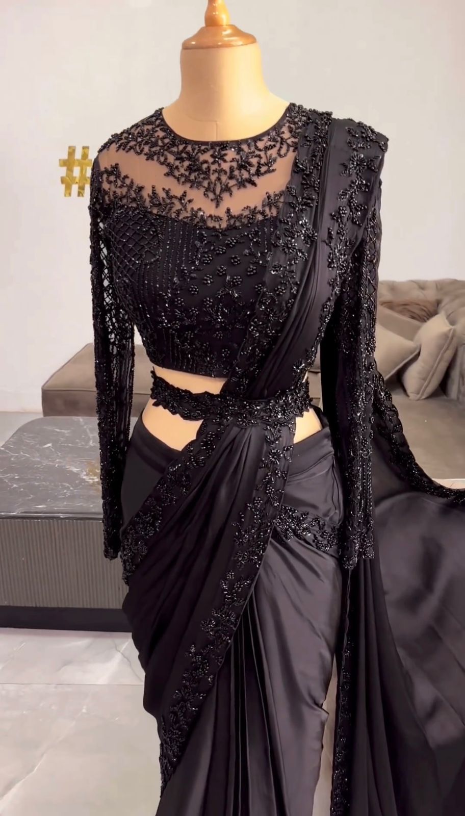 Designer Satin Silk Saree with Thread & Sequin Work Blouse & Belt