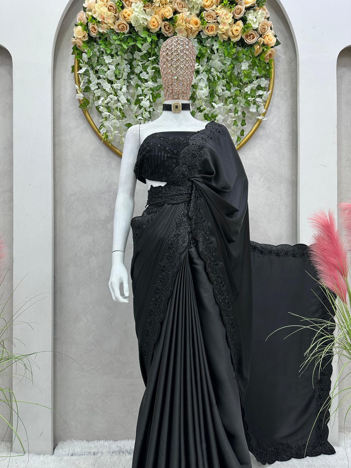 Designer Satin Silk Saree with Thread & Sequin Work Blouse & Belt