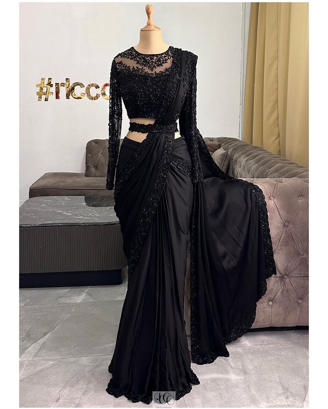 Designer Satin Silk Saree with Thread & Sequin Work Blouse & Belt