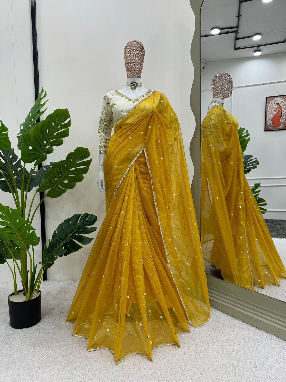 Ethereal Lace Glamour Heavy Twill Net Saree with Thread & Sequin Work & Designer Blouse