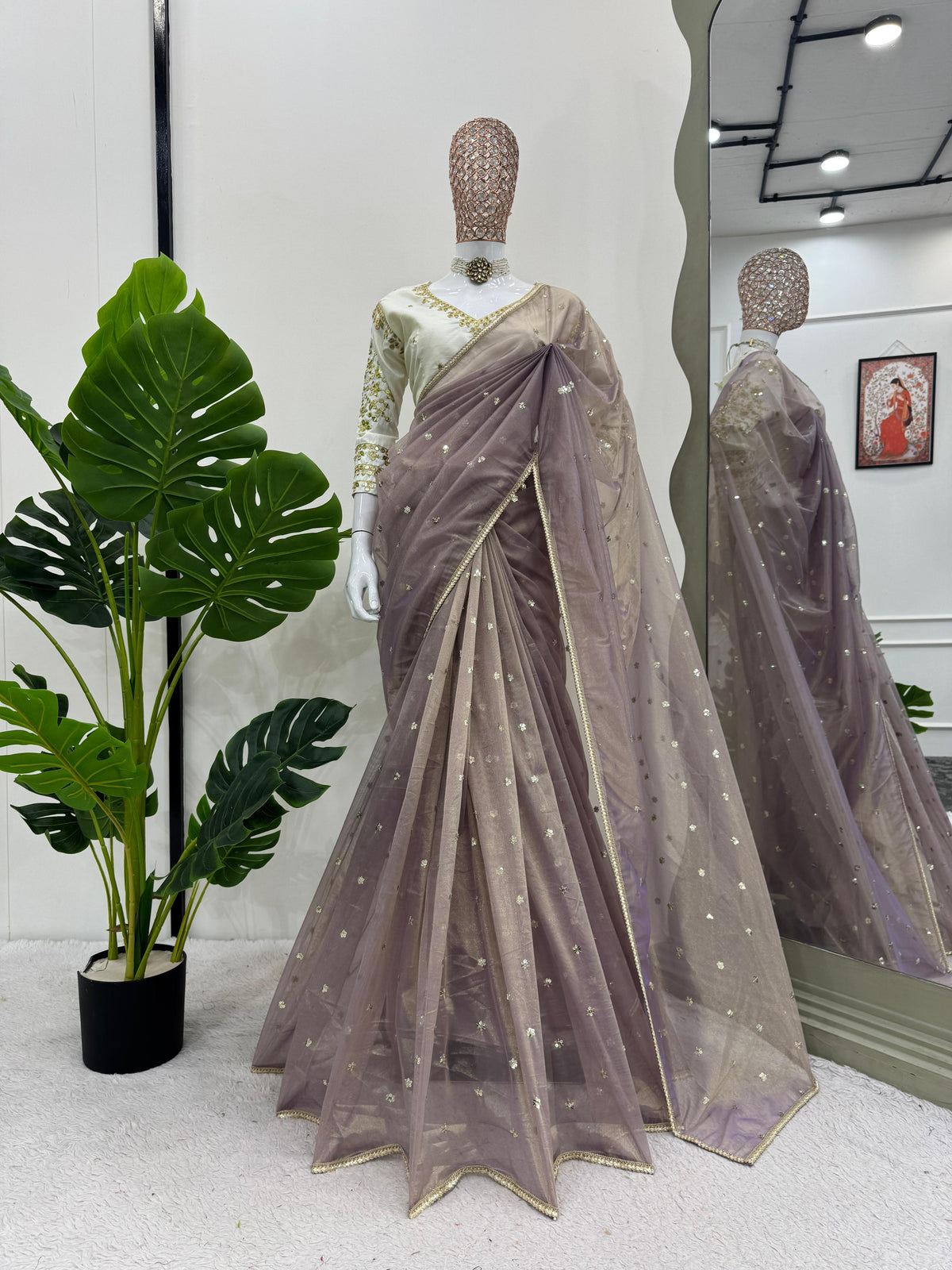 Ethereal Lace Glamour Heavy Twill Net Saree with Thread & Sequin Work & Designer Blouse