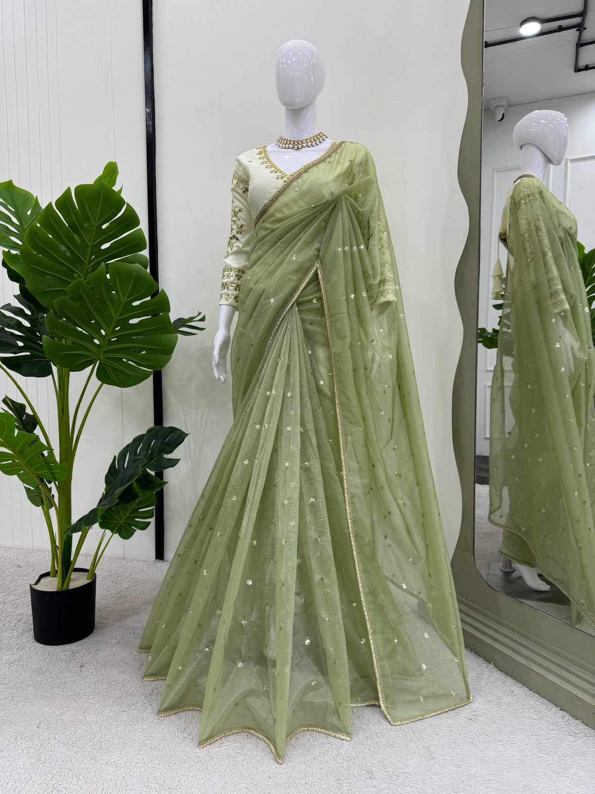 Ethereal Lace Glamour Heavy Twill Net Saree with Thread & Sequin Work & Designer Blouse