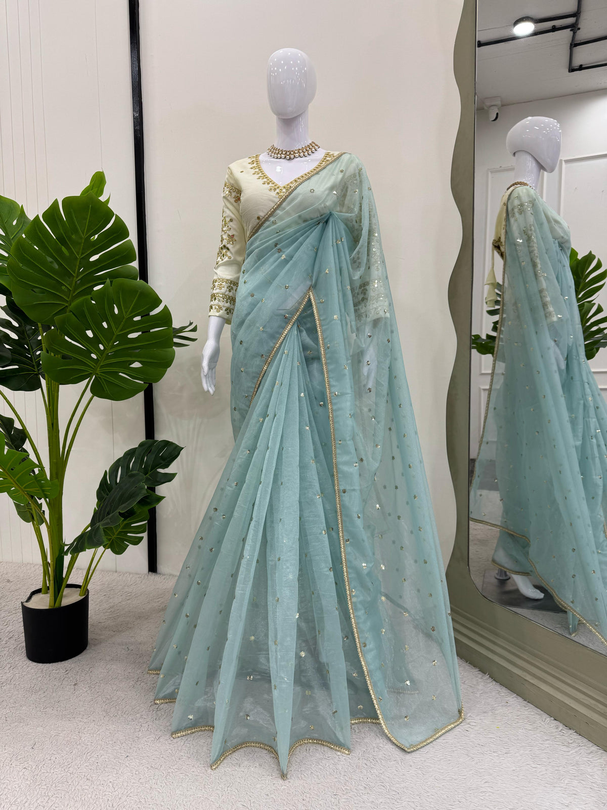 Ethereal Lace Glamour Heavy Twill Net Saree with Thread & Sequin Work & Designer Blouse