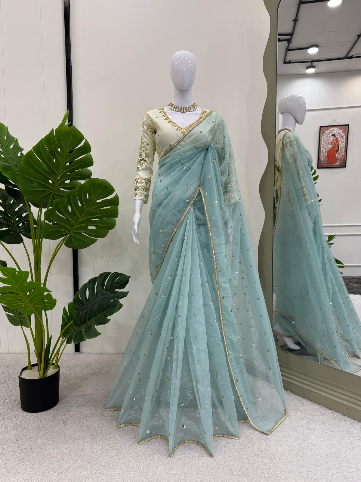 Ethereal Lace Glamour Heavy Twill Net Saree with Thread & Sequin Work & Designer Blouse