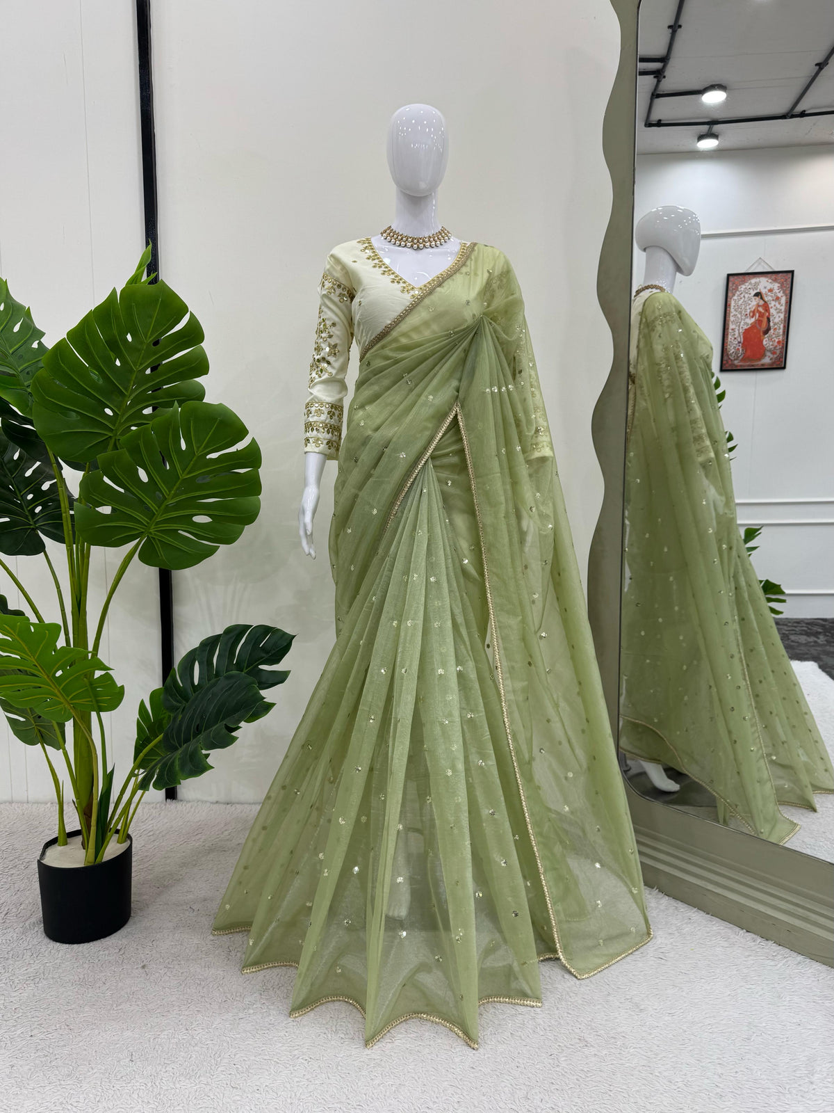 Ethereal Lace Glamour Heavy Twill Net Saree with Thread & Sequin Work & Designer Blouse
