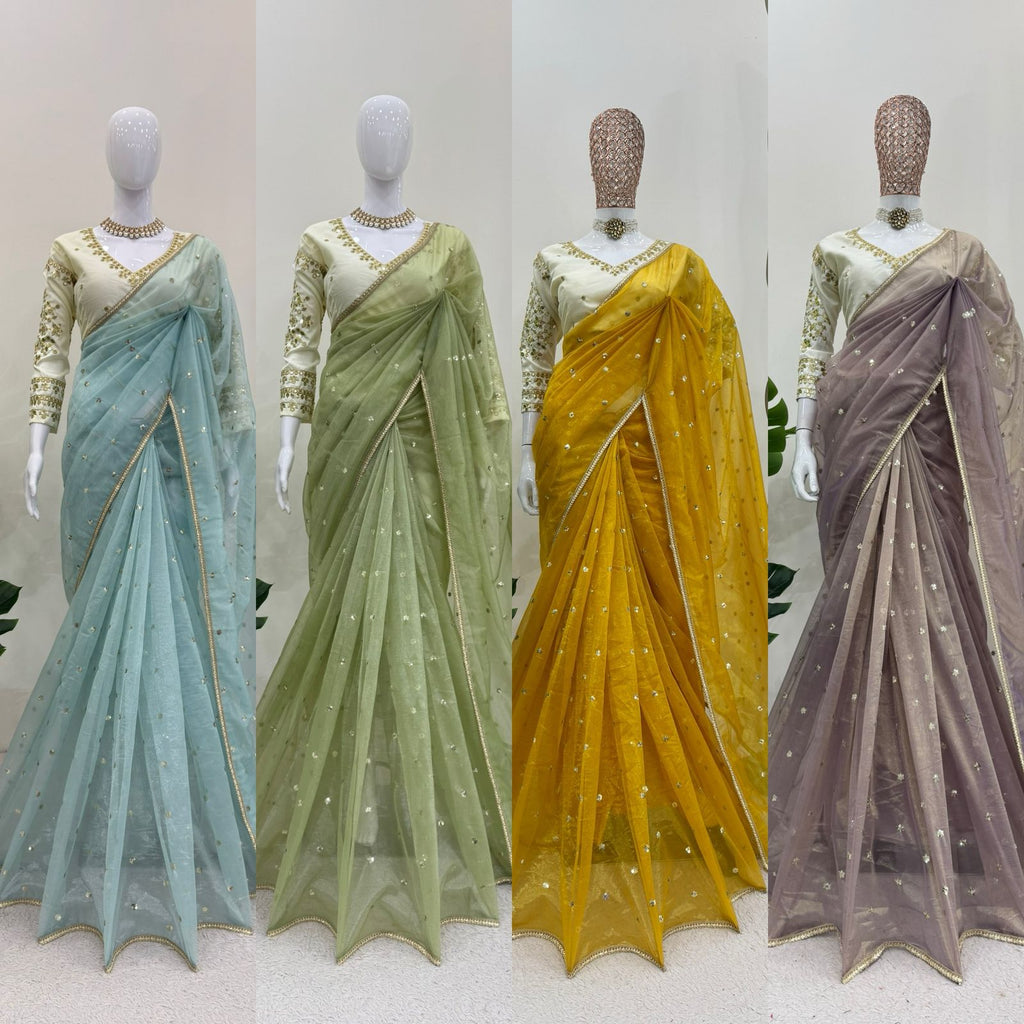 Ethereal Lace Glamour Heavy Twill Net Saree with Thread & Sequin Work & Designer Blouse