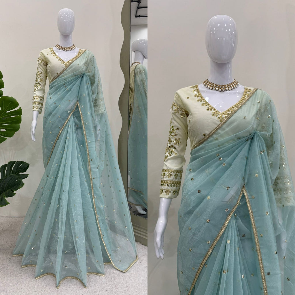 Ethereal Lace Glamour Heavy Twill Net Saree with Thread & Sequin Work & Designer Blouse