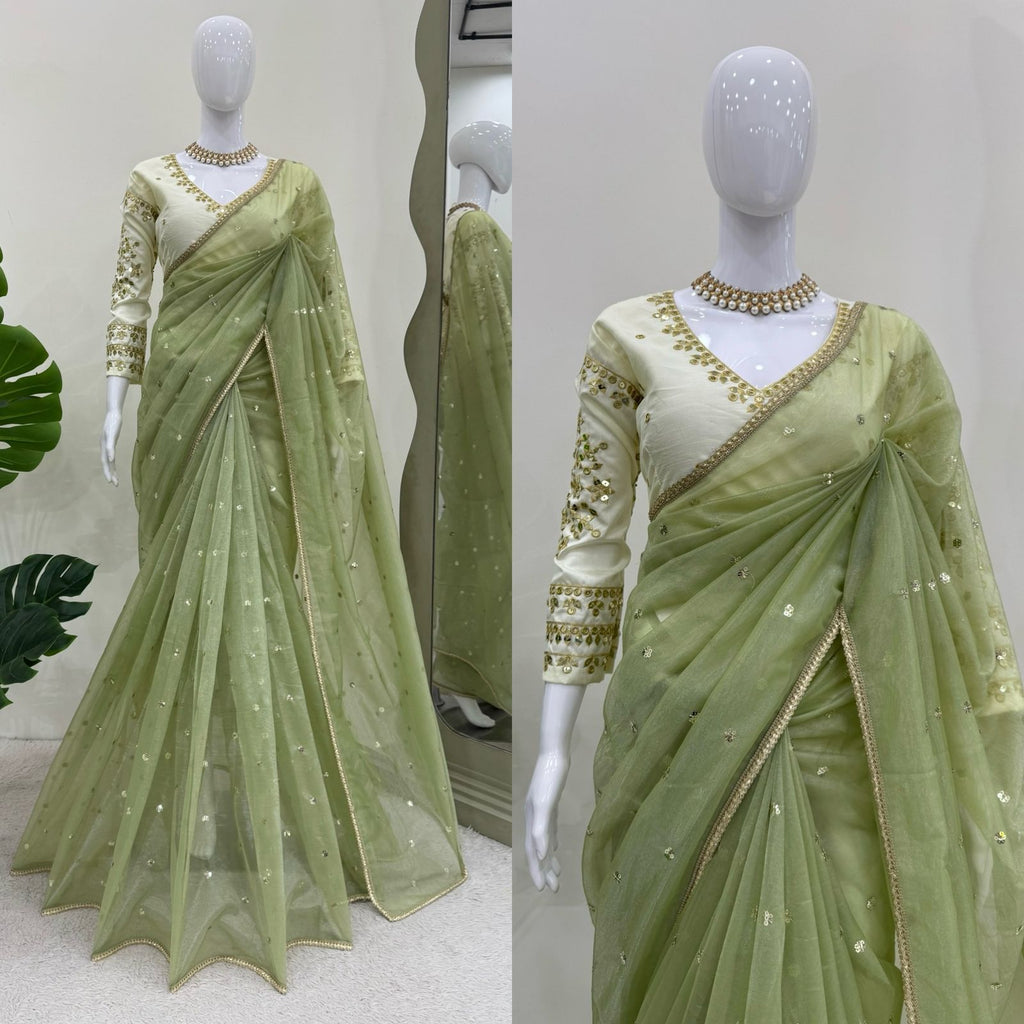 Ethereal Lace Glamour Heavy Twill Net Saree with Thread & Sequin Work & Designer Blouse