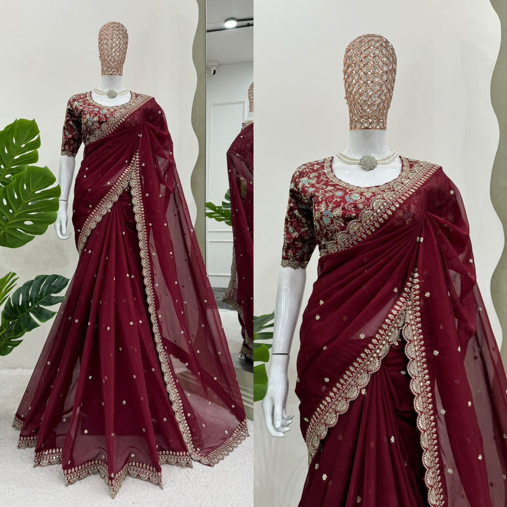 Royal Luxe Heavy Tibby Silk Saree with Thread & Sequin Work and Designer Banglory Silk Blouse