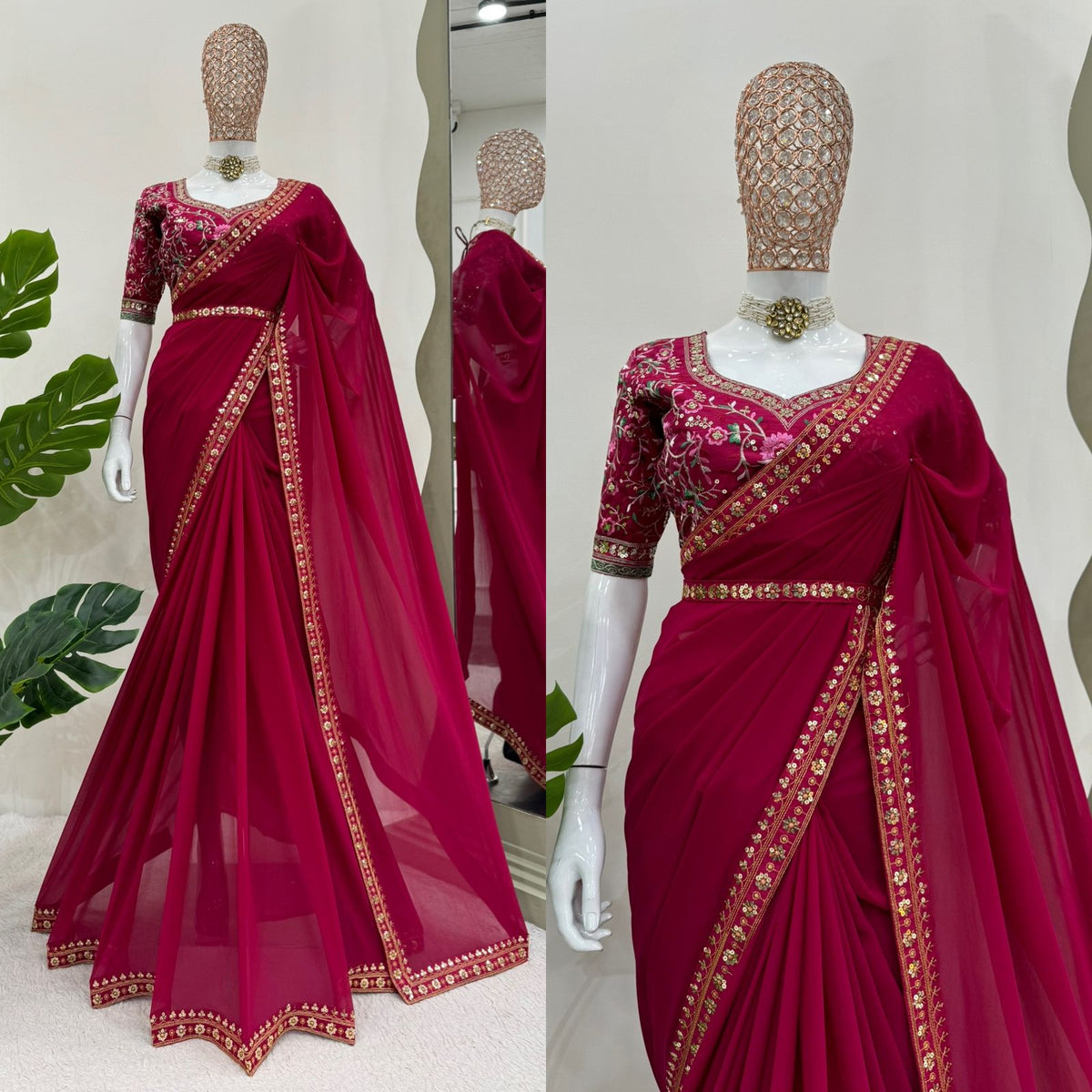 Glamorous Georgette Elegance Faux Georgette Saree with Thread & Sequin Work, Designer Blouse & Kamar Belt