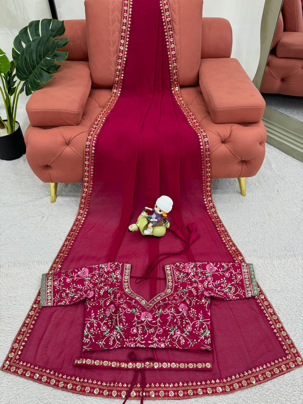 Glamorous Georgette Elegance Faux Georgette Saree with Thread & Sequin Work, Designer Blouse & Kamar Belt