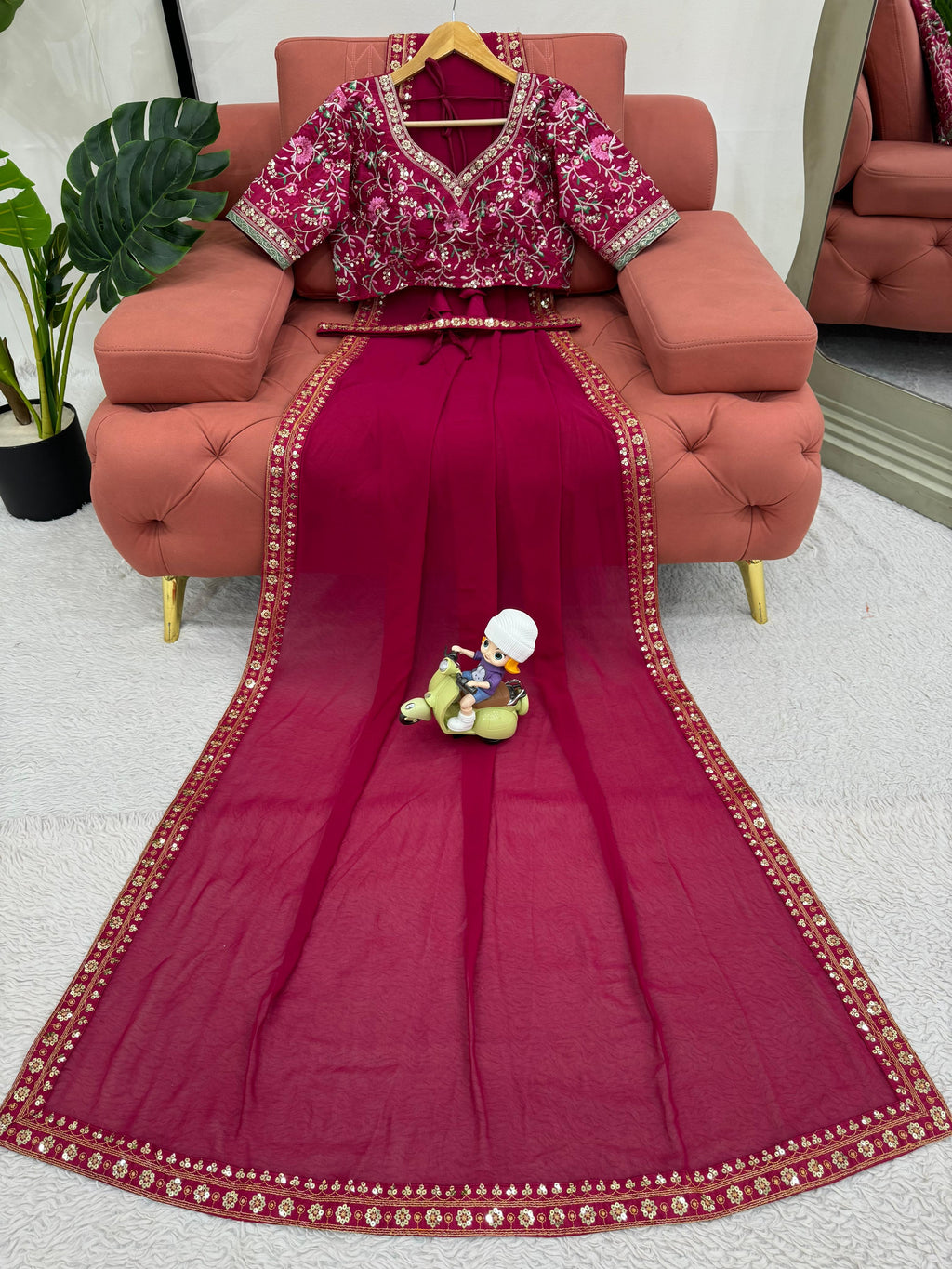 Glamorous Georgette Elegance Faux Georgette Saree with Thread & Sequin Work, Designer Blouse & Kamar Belt