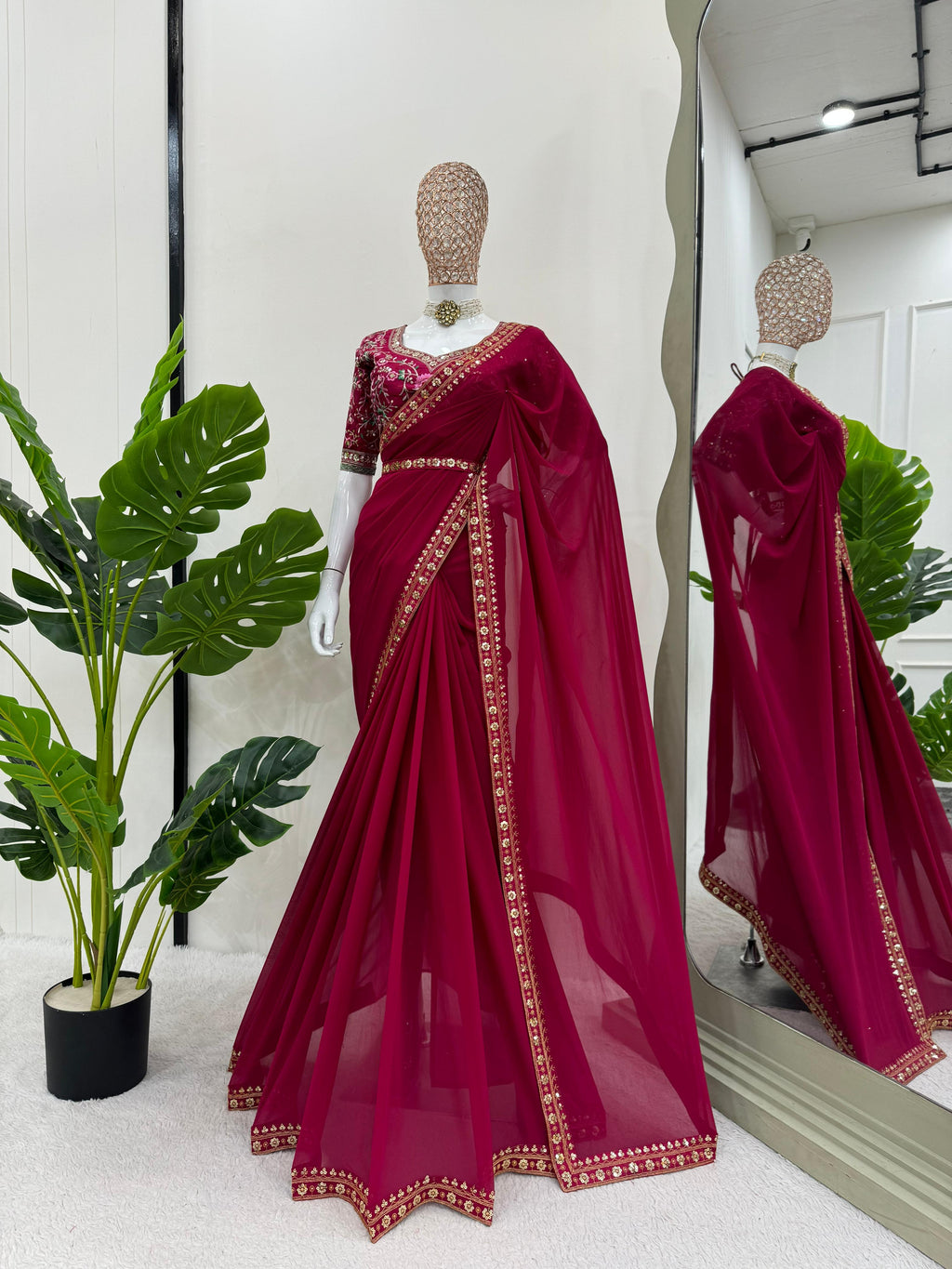 Glamorous Georgette Elegance Faux Georgette Saree with Thread & Sequin Work, Designer Blouse & Kamar Belt