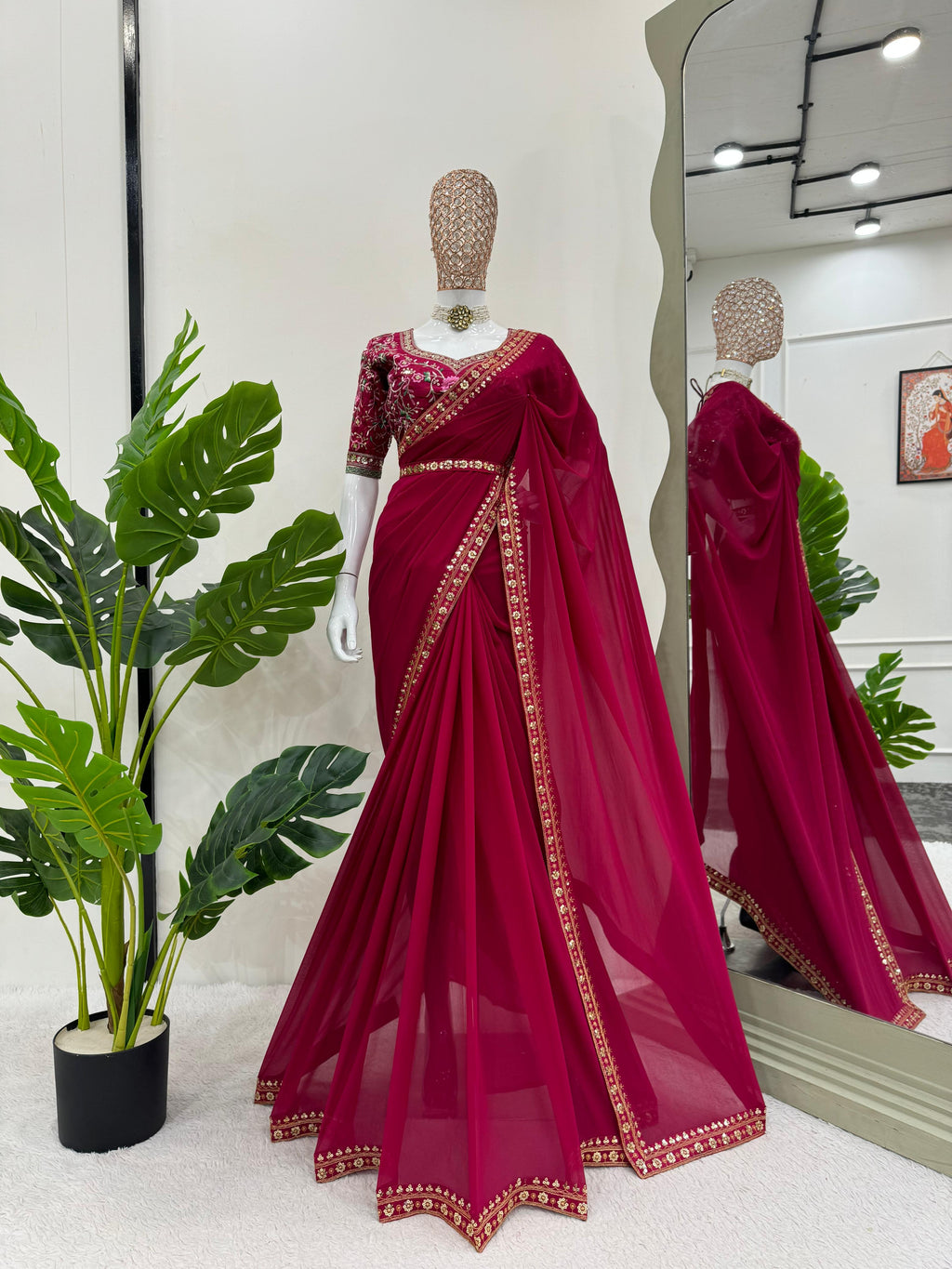 Glamorous Georgette Elegance Faux Georgette Saree with Thread & Sequin Work, Designer Blouse & Kamar Belt