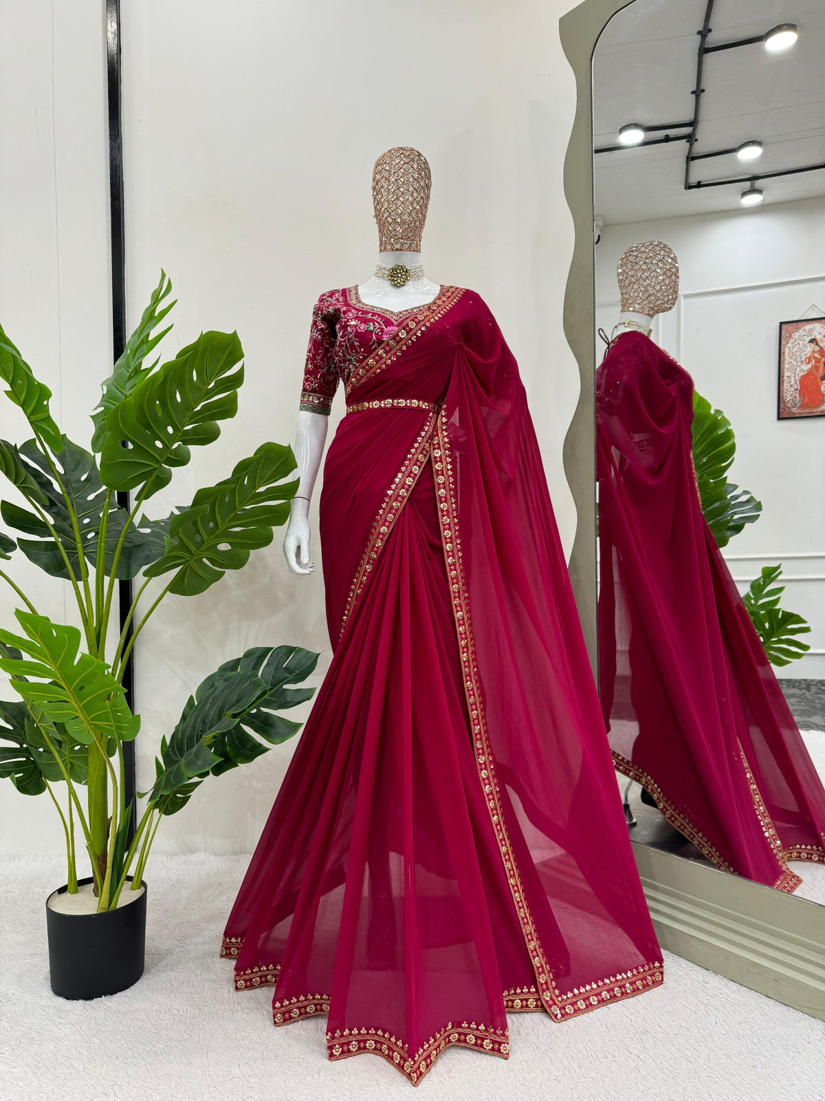 Glamorous Georgette Elegance Faux Georgette Saree with Thread & Sequin Work, Designer Blouse & Kamar Belt