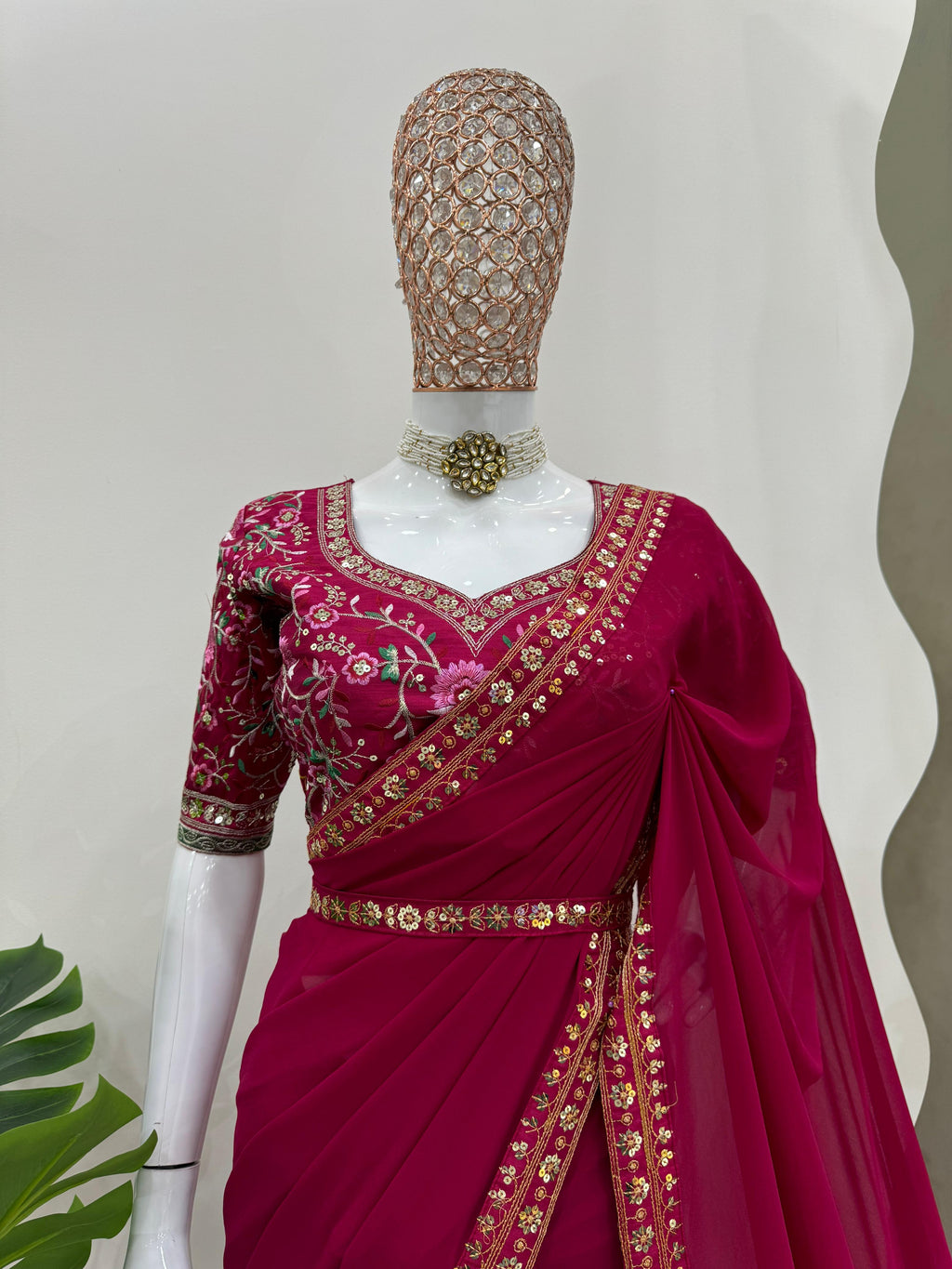 Glamorous Georgette Elegance Faux Georgette Saree with Thread & Sequin Work, Designer Blouse & Kamar Belt