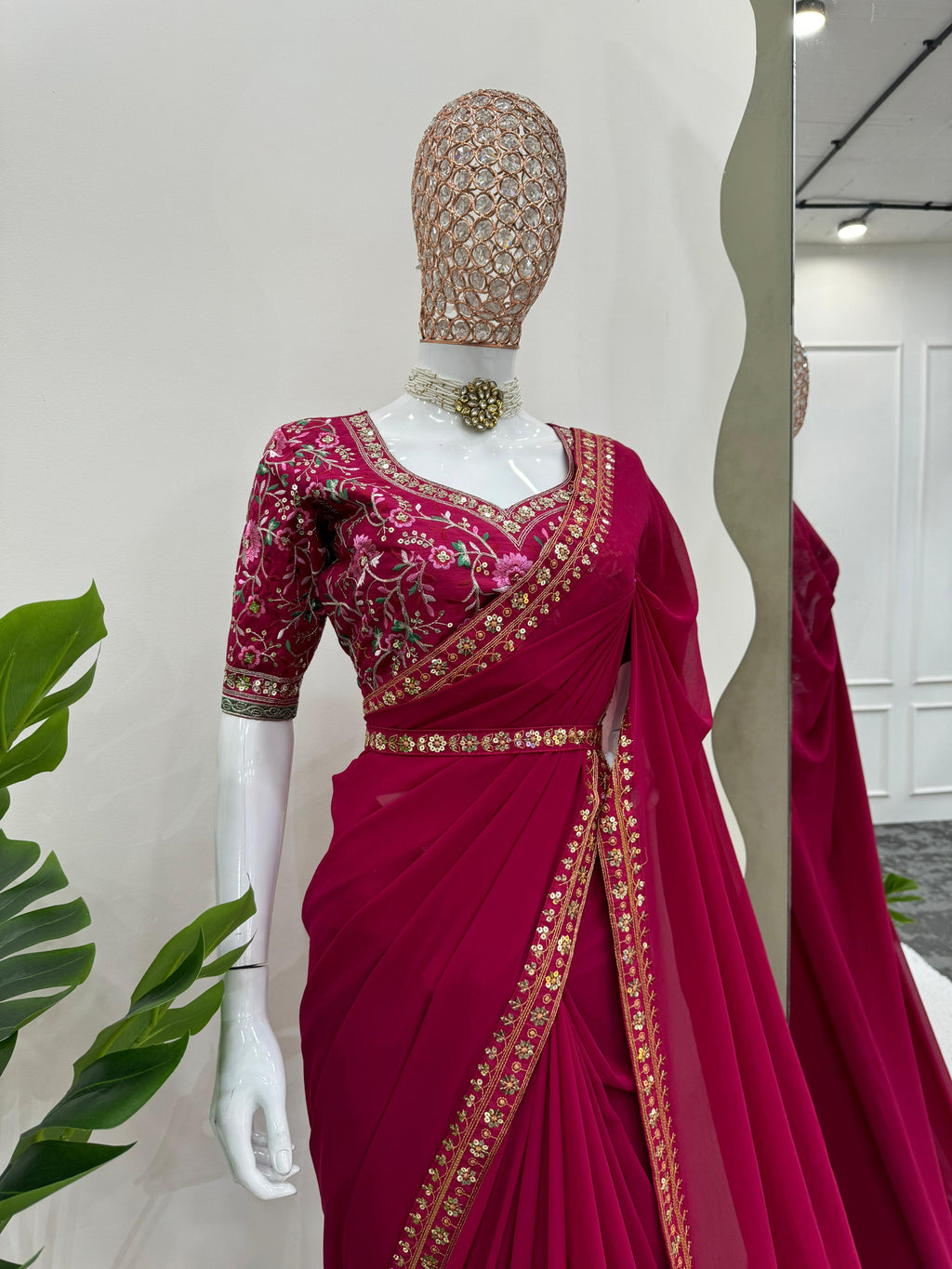 Glamorous Georgette Elegance Faux Georgette Saree with Thread & Sequin Work, Designer Blouse & Kamar Belt