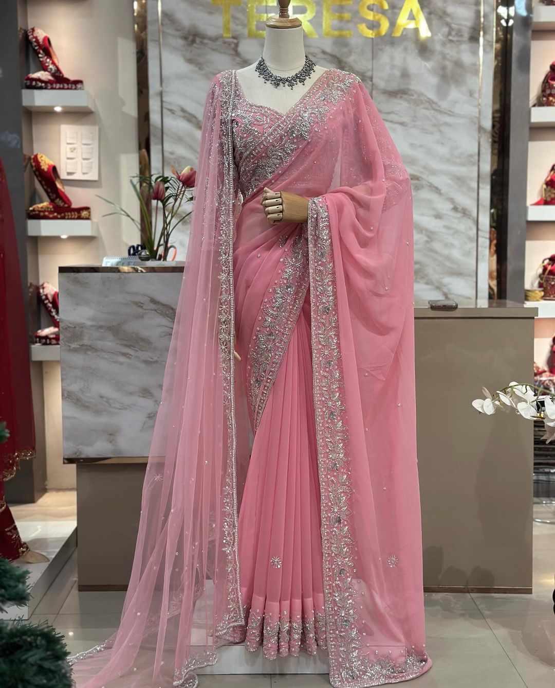 Faux Georgette Pearl Work Saree with Embroidered Soft Net Dupatta