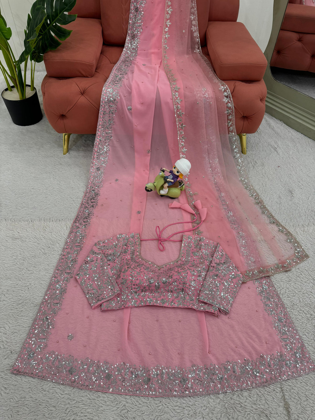 Faux Georgette Pearl Work Saree with Embroidered Soft Net Dupatta