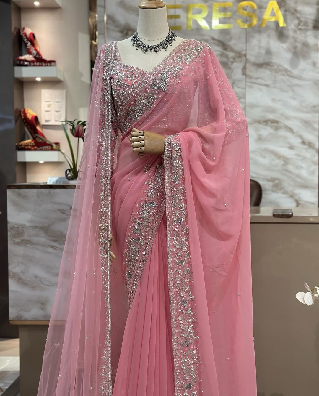 Faux Georgette Pearl Work Saree with Embroidered Soft Net Dupatta