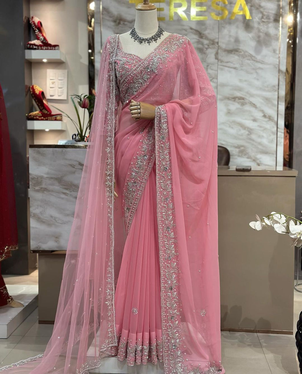Faux Georgette Pearl Work Saree with Embroidered Soft Net Dupatta