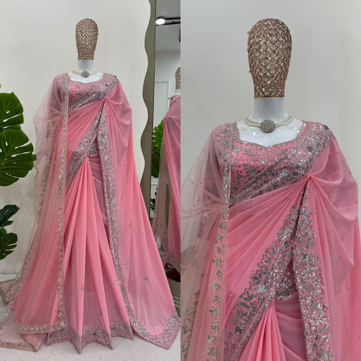 Faux Georgette Pearl Work Saree with Embroidered Soft Net Dupatta