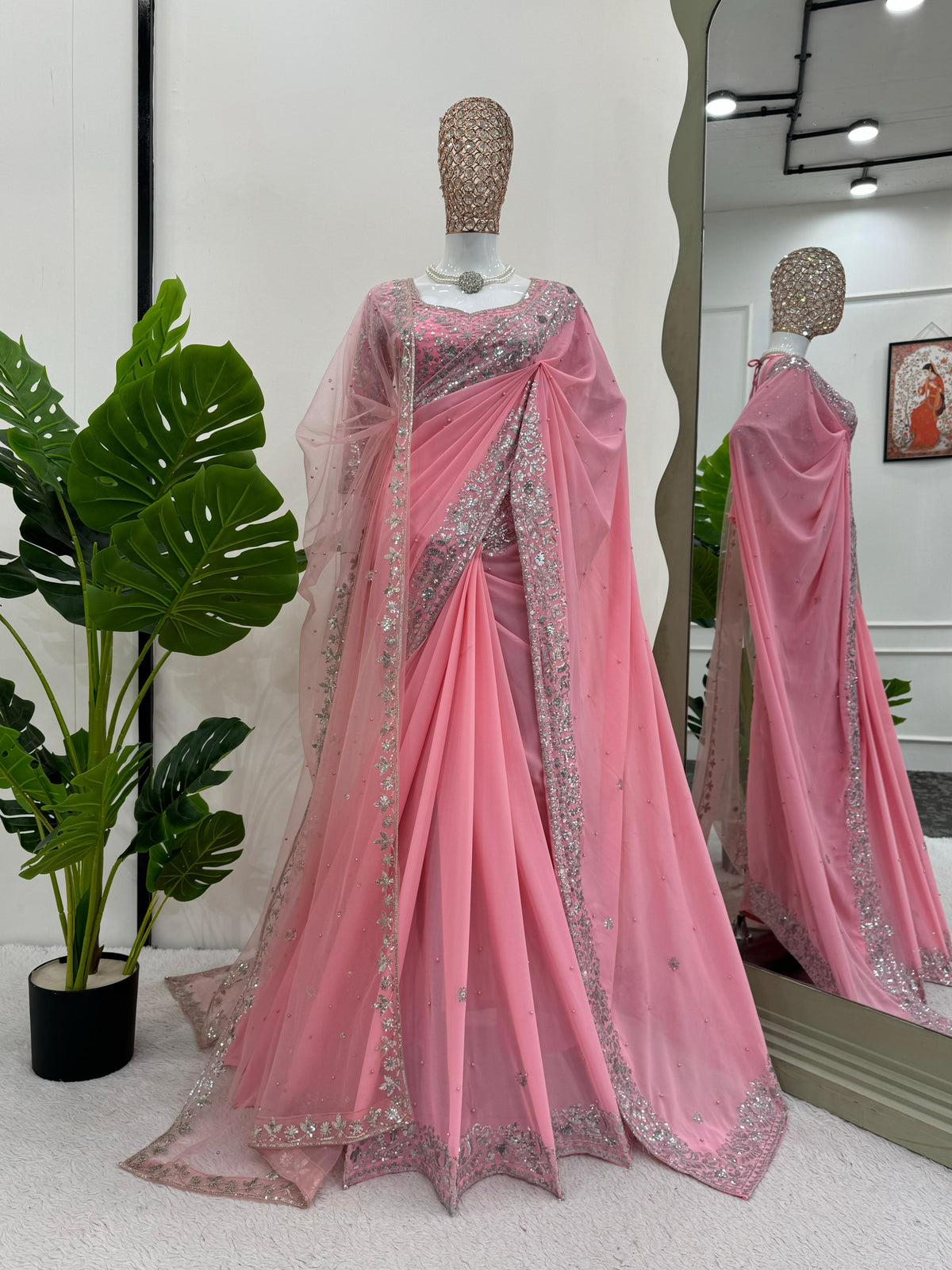 Faux Georgette Pearl Work Saree with Embroidered Soft Net Dupatta