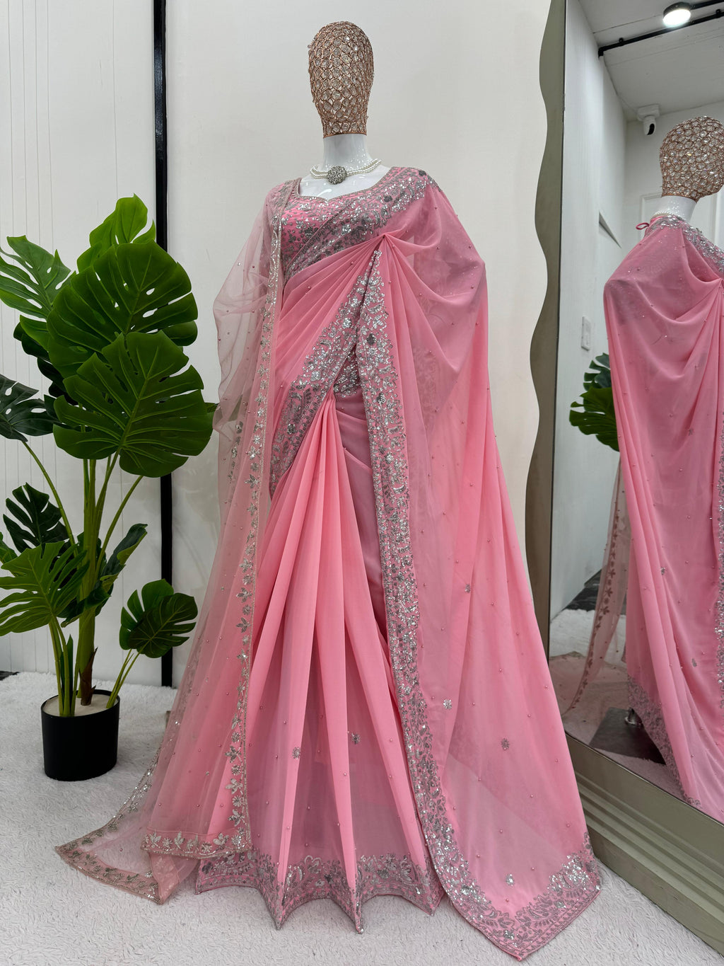Faux Georgette Pearl Work Saree with Embroidered Soft Net Dupatta