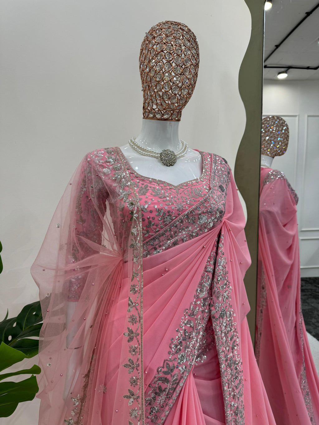 Faux Georgette Pearl Work Saree with Embroidered Soft Net Dupatta