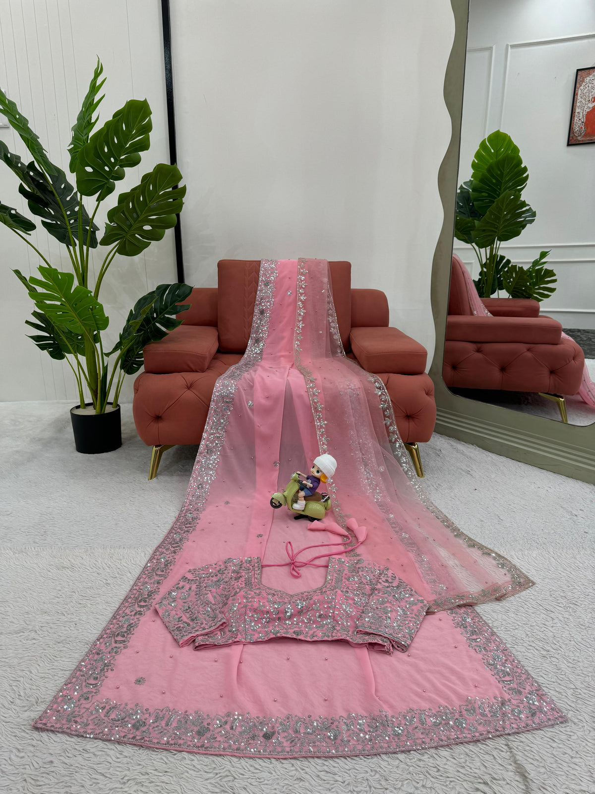 Faux Georgette Pearl Work Saree with Embroidered Soft Net Dupatta