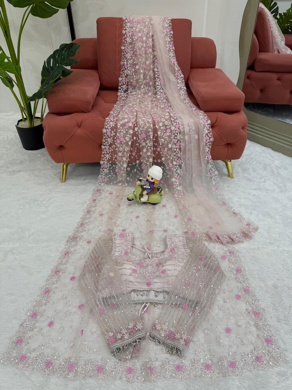 Soft Net Designer Saree with Thread & Sequin Work, Lace Blouse & Dupatta