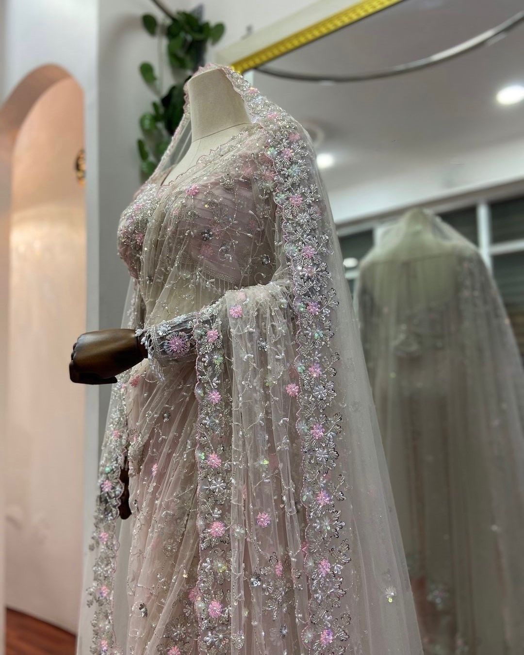 Soft Net Designer Saree with Thread & Sequin Work, Lace Blouse & Dupatta