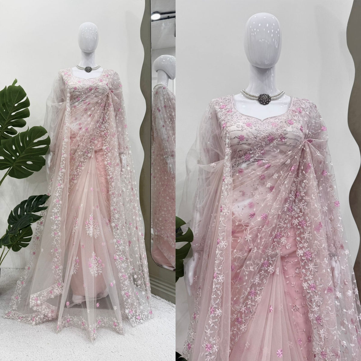 Soft Net Designer Saree with Thread & Sequin Work, Lace Blouse & Dupatta