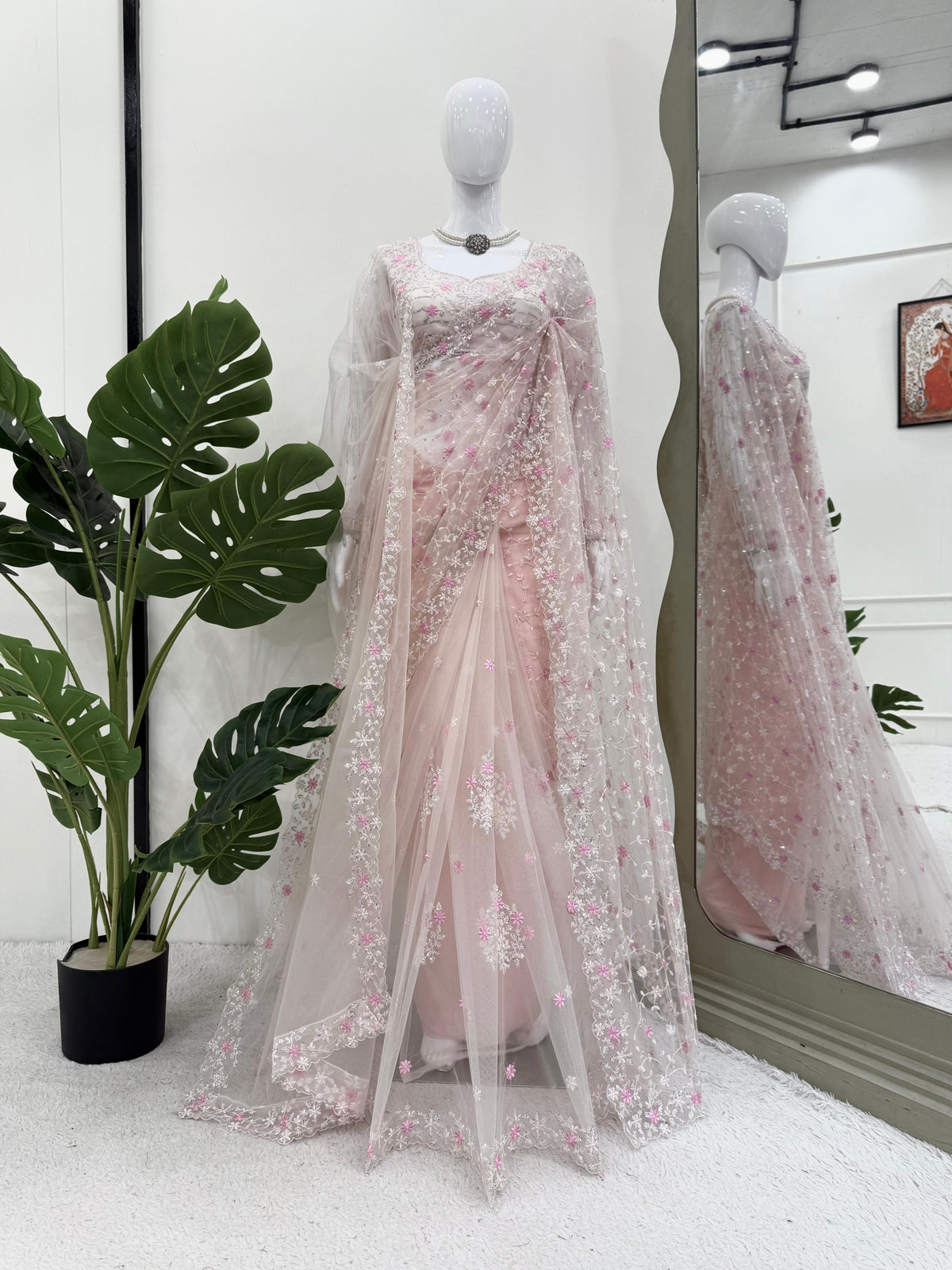 Soft Net Designer Saree with Thread & Sequin Work, Lace Blouse & Dupatta