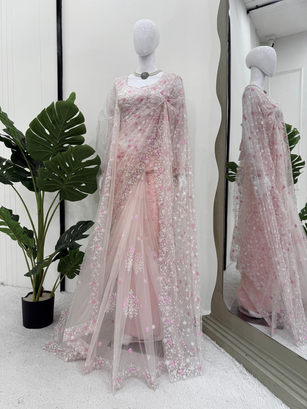 Soft Net Designer Saree with Thread & Sequin Work, Lace Blouse & Dupatta