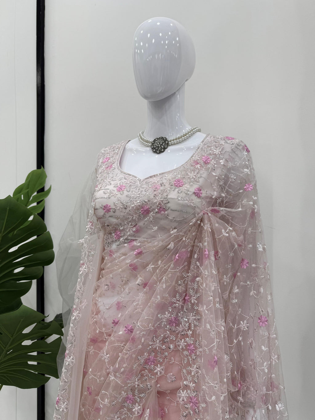 Soft Net Designer Saree with Thread & Sequin Work, Lace Blouse & Dupatta
