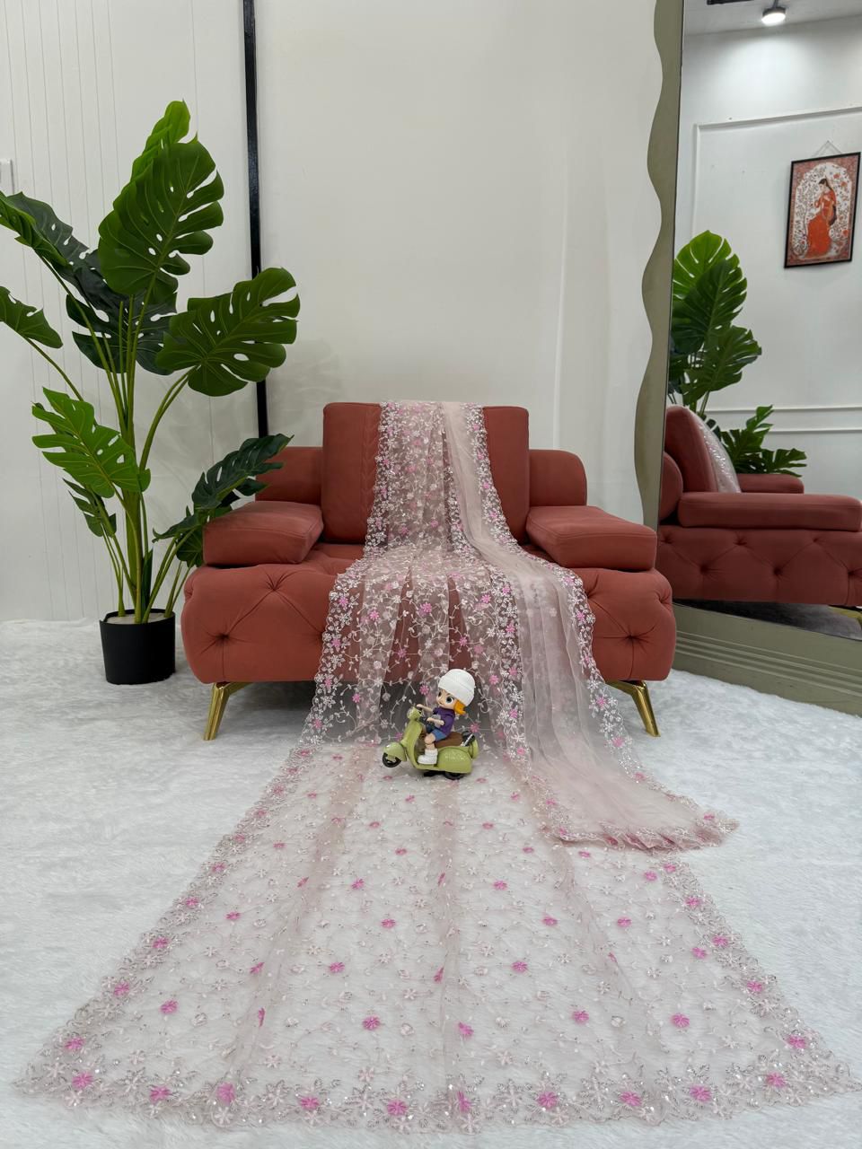 Soft Net Designer Saree with Thread & Sequin Work, Lace Blouse & Dupatta