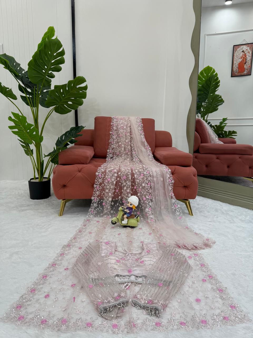 Soft Net Designer Saree with Thread & Sequin Work, Lace Blouse & Dupatta