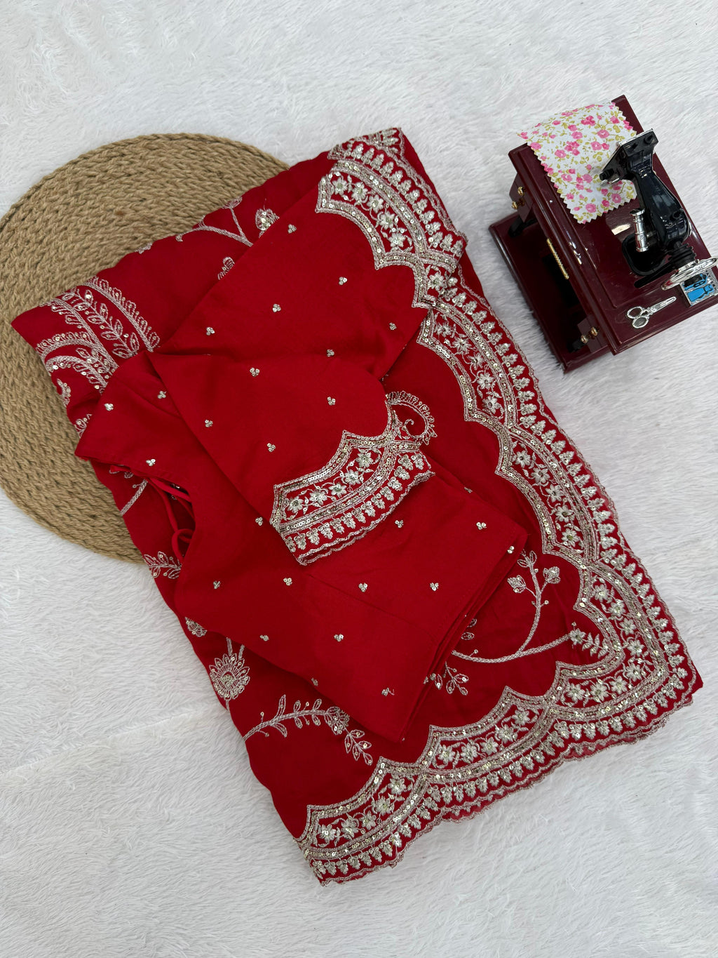 Vichitra Silk Saree with Elegant Thread & Sequin Embroidery
